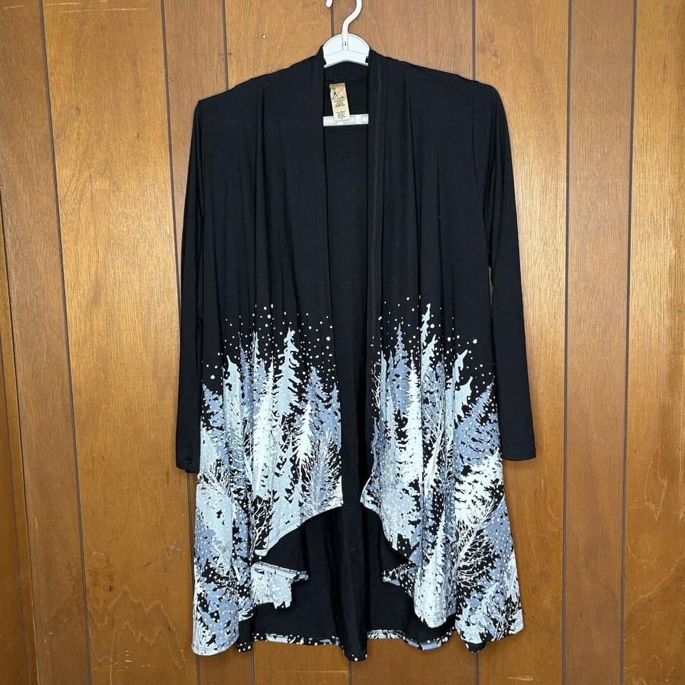 A Walk In The Park Cardigan Womens 2X Black Winter Forest Open Waterfall Duster